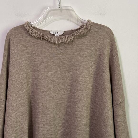 THML Knit Top Sweater M Fringe Trim Tan Pullover Boat Neck Rainbow Stripe Cuff - Picture 3 of 9